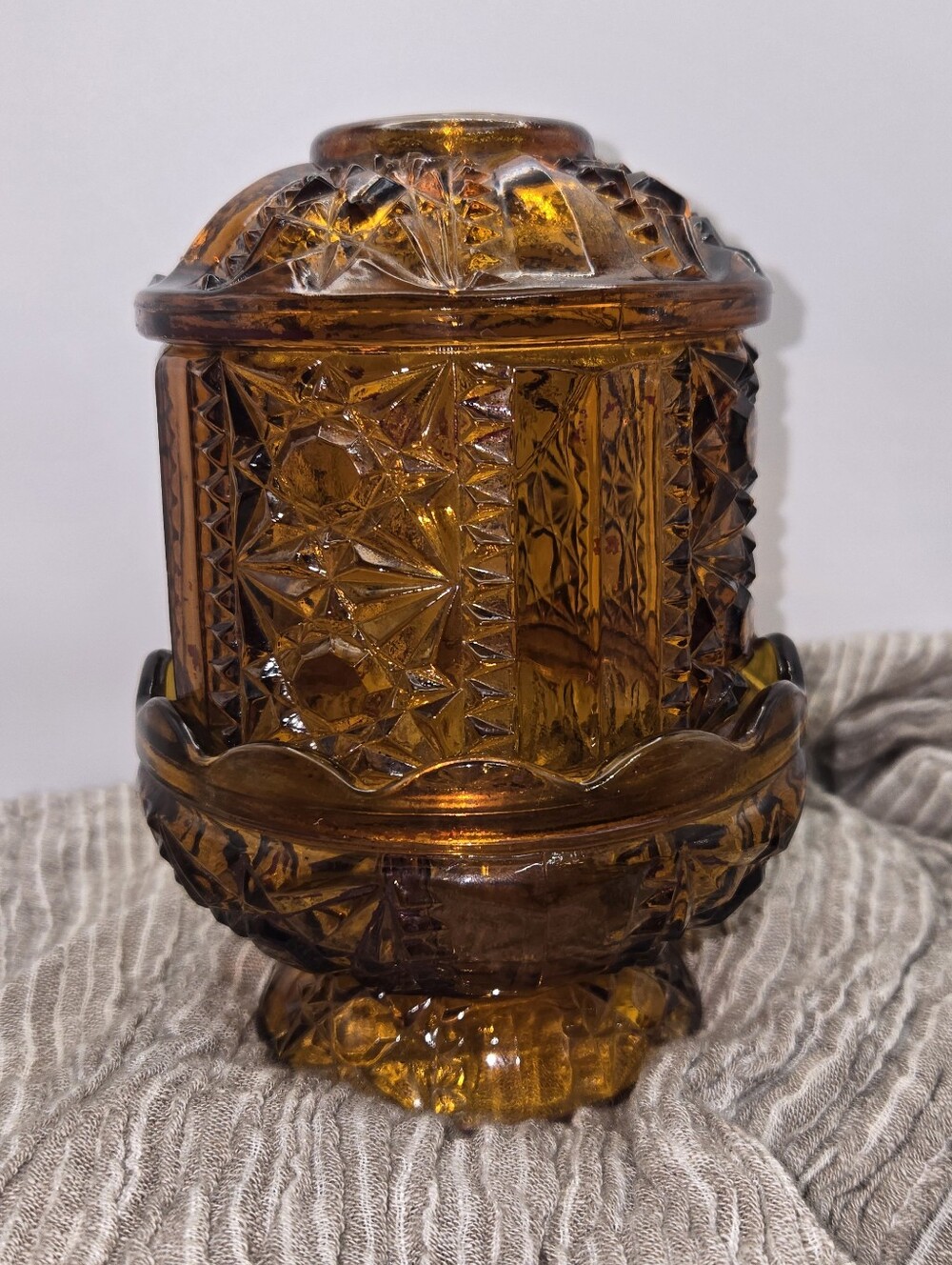 Vintage Indiana Amber Glass Large Fairy Lamp Stars & Bars 1970’s Excellent Cond